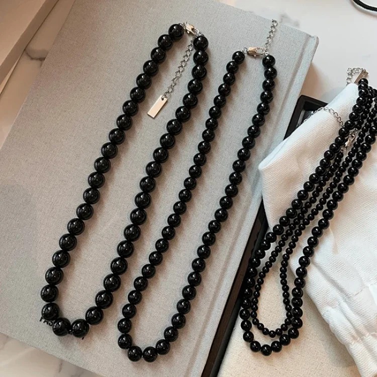 Korean blogger fever's same style black onyx necklace s925 sterling silver clavicle chain women's ins cool style high-end necklace