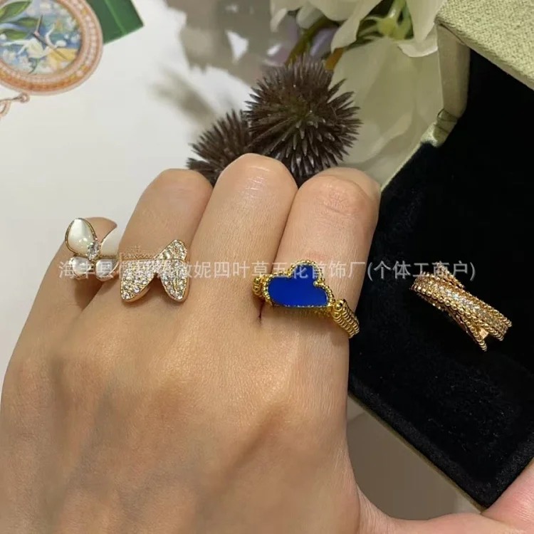 V gold high new laser carnelian four-leaf clover flip ring 18K rose gold blue chalcedony double-sided ring