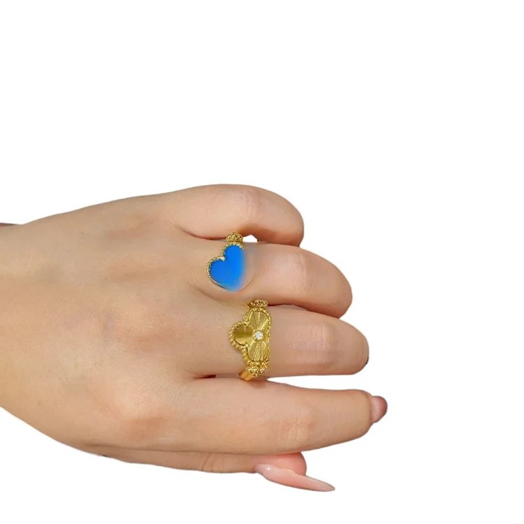 V gold high new laser carnelian four-leaf clover flip ring 18K rose gold blue chalcedony double-sided ring