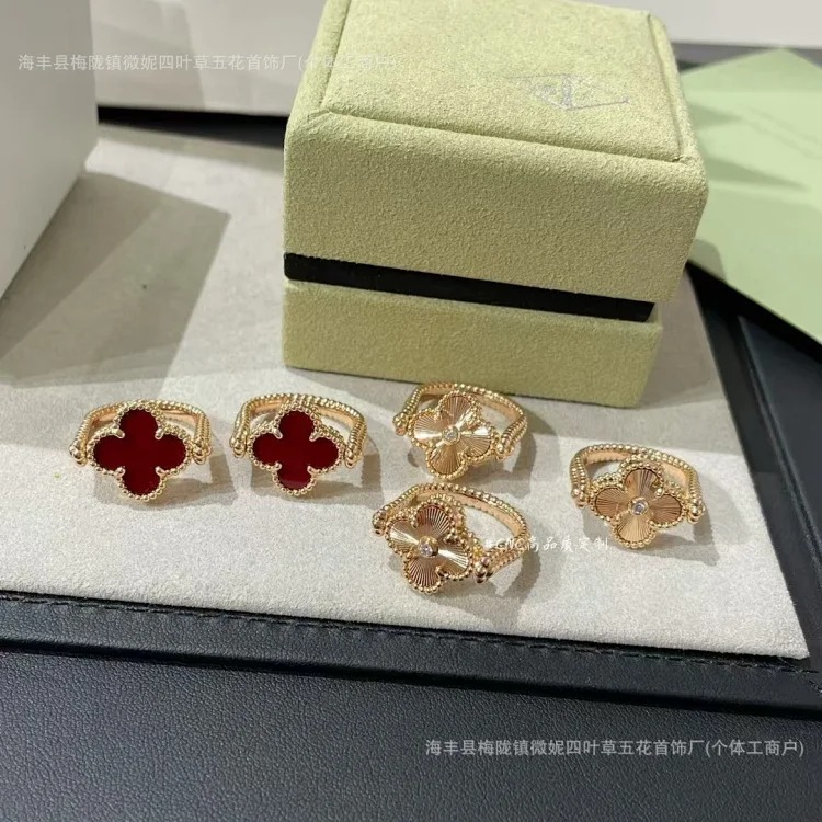 V gold high new laser carnelian four-leaf clover flip ring 18K rose gold blue chalcedony double-sided ring