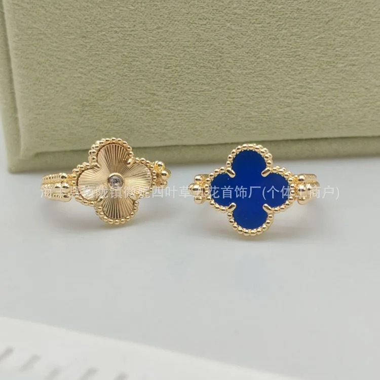 V gold high new laser carnelian four-leaf clover flip ring 18K rose gold blue chalcedony double-sided ring