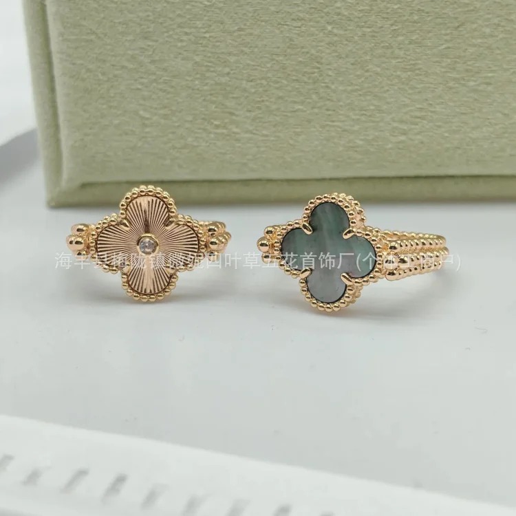 V gold high new laser carnelian four-leaf clover flip ring 18K rose gold blue chalcedony double-sided ring