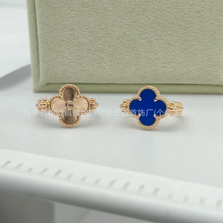 V gold high new laser carnelian four-leaf clover flip ring 18K rose gold blue chalcedony double-sided ring