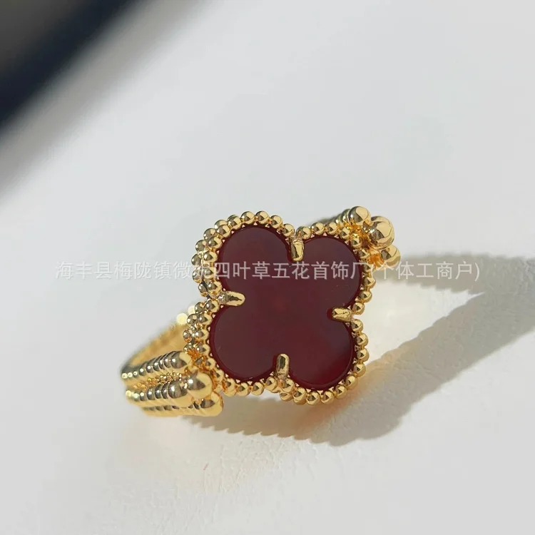 V gold high new laser carnelian four-leaf clover flip ring 18K rose gold blue chalcedony double-sided ring