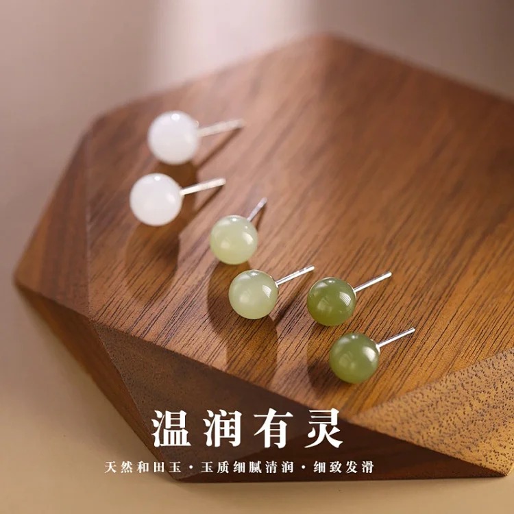 Genuine natural Hetian jade earrings s999 sterling silver earrings for women exquisite small earrings national style new Chinese style earrings