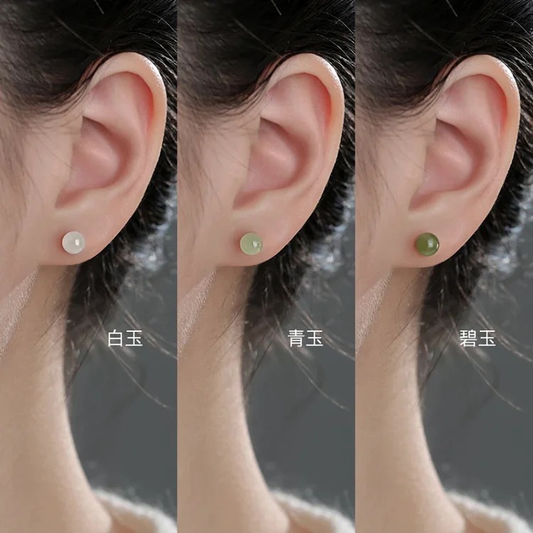 Genuine natural Hetian jade earrings s999 sterling silver earrings for women exquisite small earrings national style new Chinese style earrings