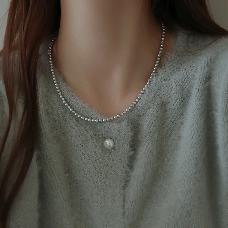Imported Shijia Zhenduo hemp gray pearl necklace women's S925 sterling silver sweater chain light luxury high-end clavicle chain image 3