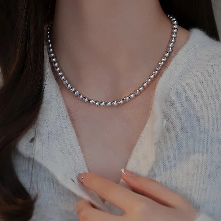 Imported Shijia Zhenduo hemp gray pearl necklace women's S925 sterling silver sweater chain light luxury high-end clavicle chain image 4