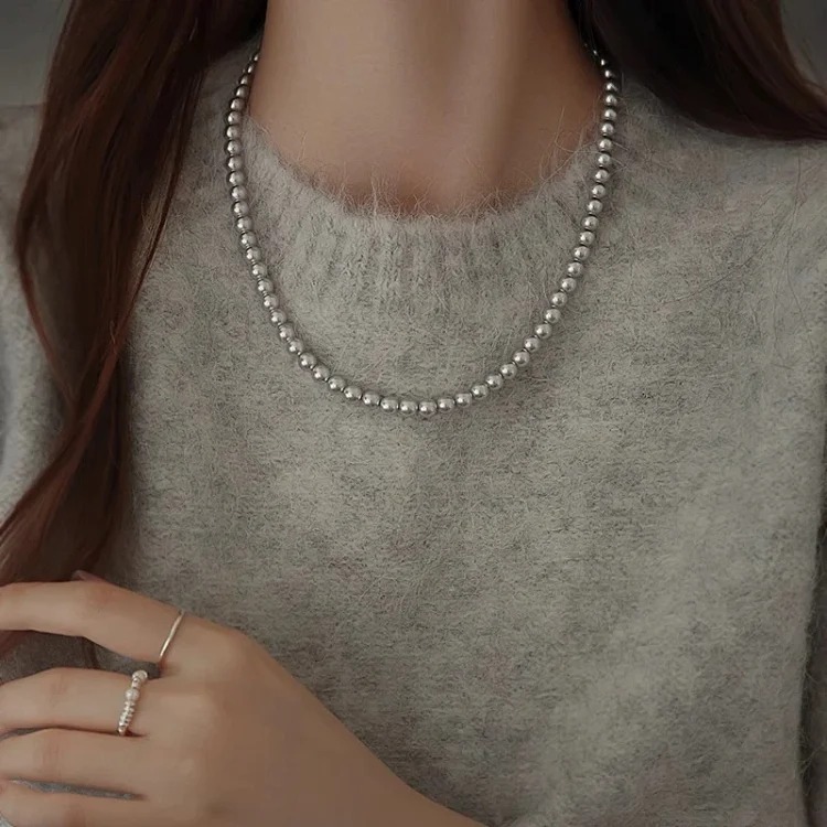 Imported Shijia Zhenduo hemp gray pearl necklace women's S925 sterling silver sweater chain light luxury high-end clavicle chain image 5