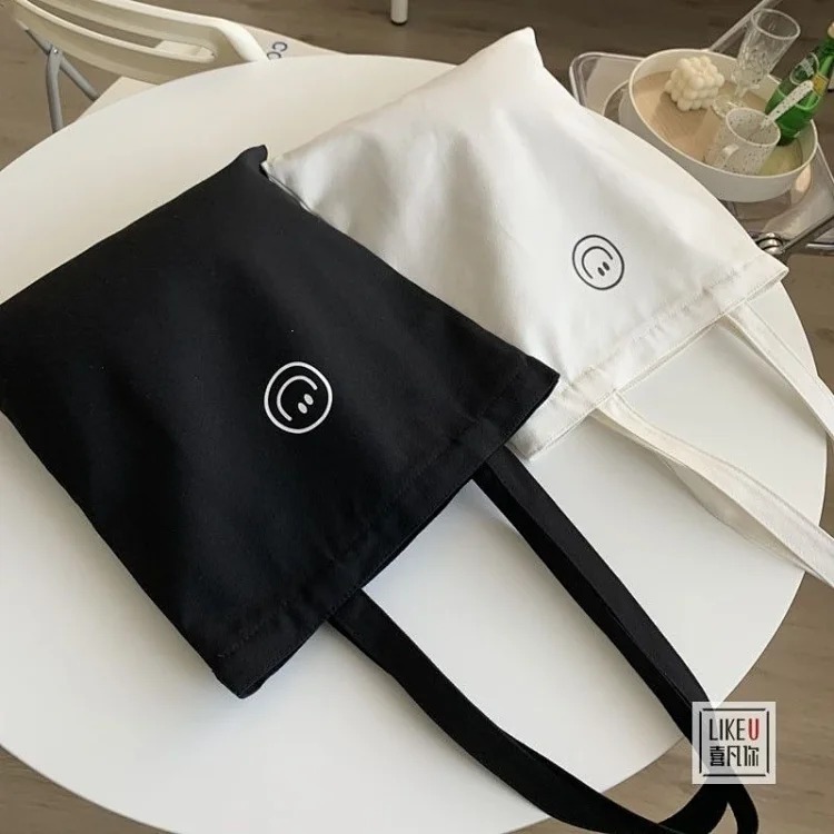 Original zipper smiley ins simple shoulder bag cotton canvas large capacity Korean casual literary student book XF
