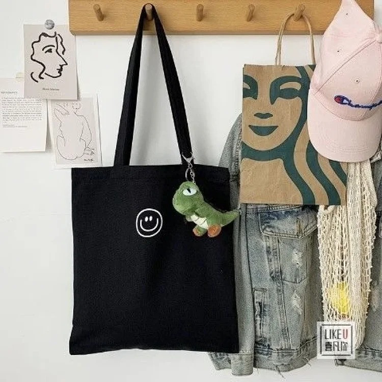 Original zipper smiley ins simple shoulder bag cotton canvas large capacity Korean casual literary student book XF