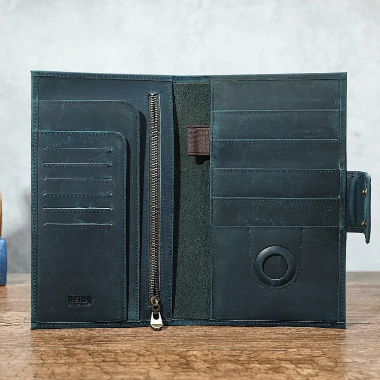 Crazy horse leather men's card bag RFID anti-theft brush Air Tag men wallet tracking and positioning passport wallet