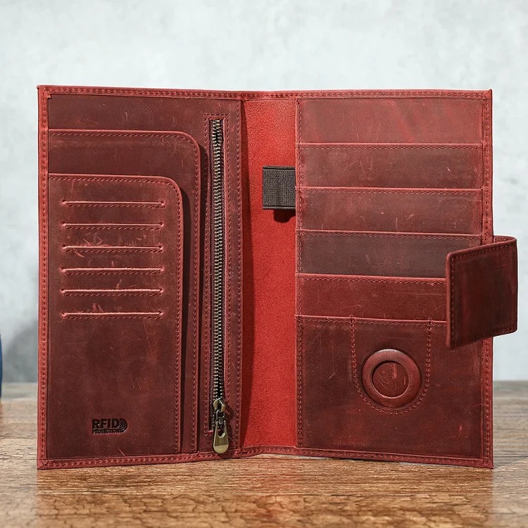 Crazy horse leather men's card bag RFID anti-theft brush Air Tag men wallet tracking and positioning passport wallet