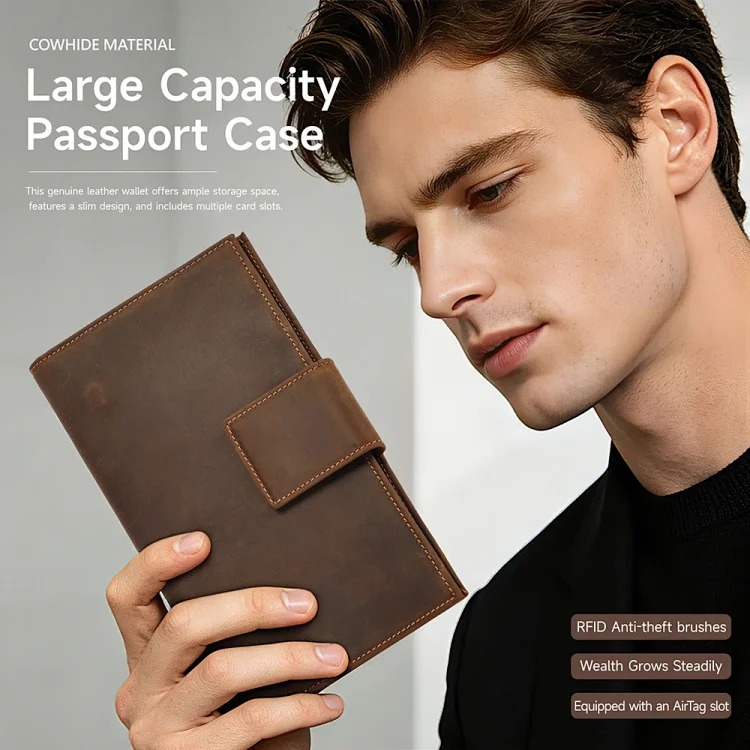 Crazy horse leather men's card bag RFID anti-theft brush Air Tag men wallet tracking and positioning passport wallet