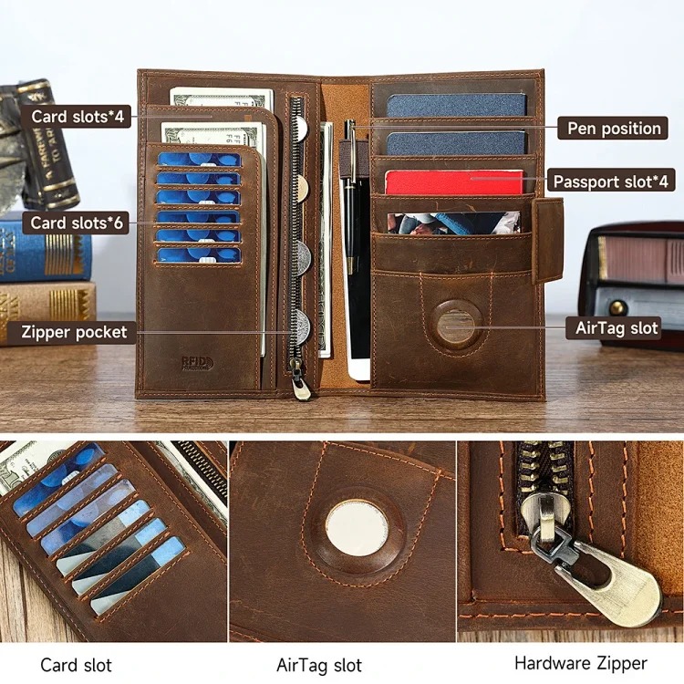 Crazy horse leather men's card bag RFID anti-theft brush Air Tag men wallet tracking and positioning passport wallet