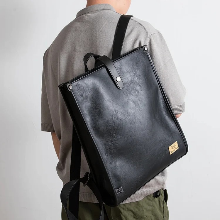 New Japanese style men's backpack PU leather large capacity retro square college student school bag youth computer backpack trend