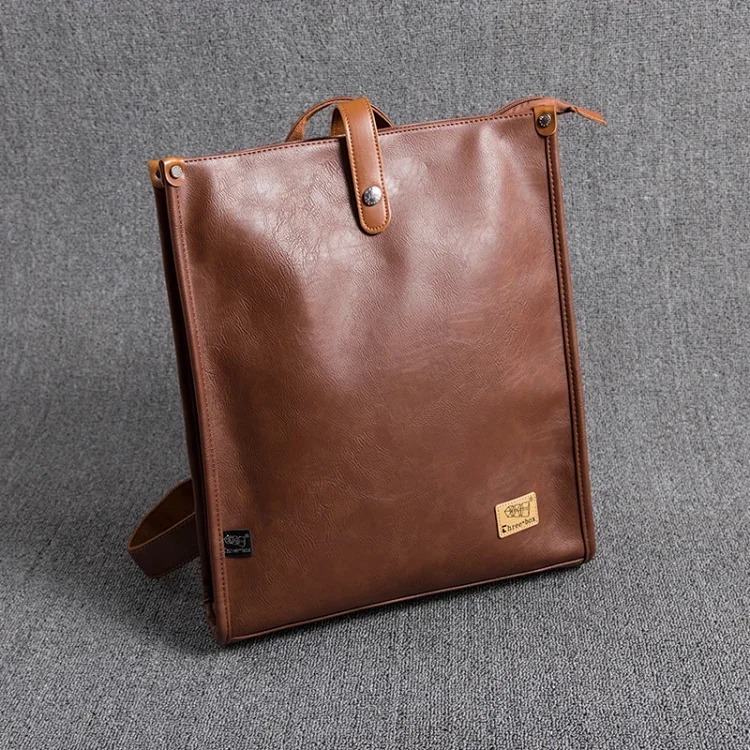 New Japanese style men's backpack PU leather large capacity retro square college student school bag youth computer backpack trend image 3