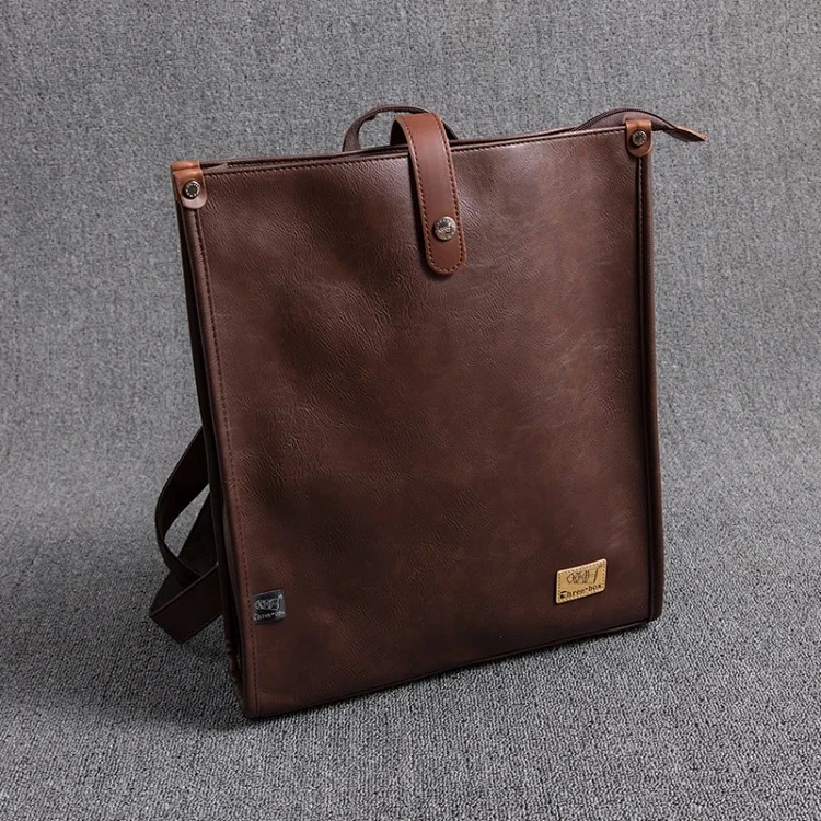 New Japanese style men's backpack PU leather large capacity retro square college student school bag youth computer backpack trend image 4