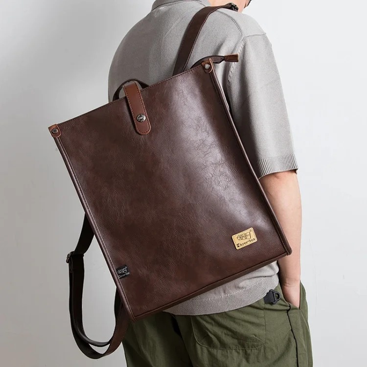 New Japanese style men's backpack PU leather large capacity retro square college student school bag youth computer backpack trend image 5