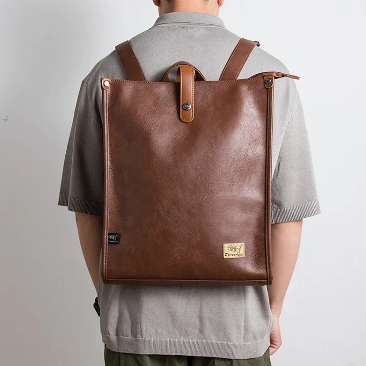 New Japanese style men's backpack PU leather large capacity retro square college student school bag youth computer backpack trend image 6
