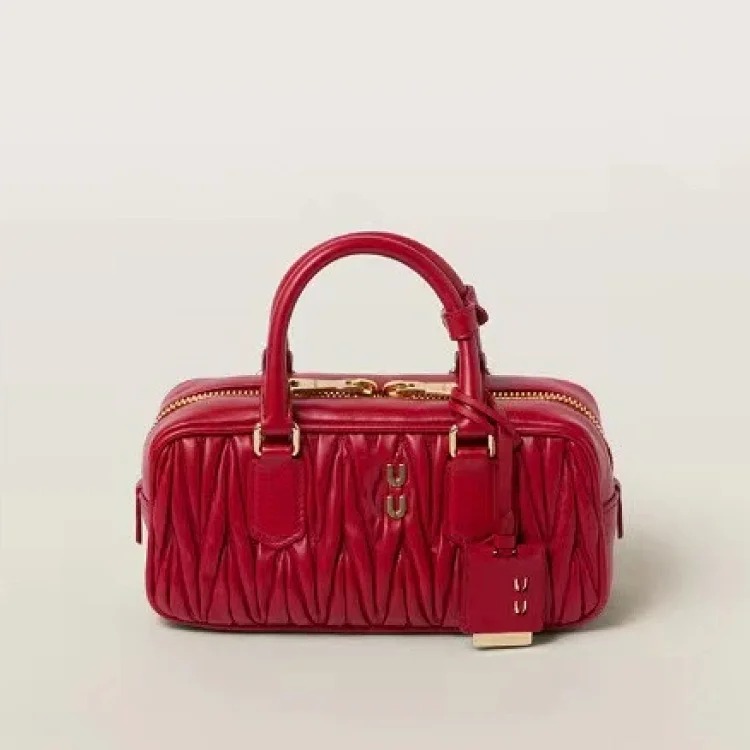 Miu new retro bowling crossbody bag pleated lambskin Boston fashion shoulder handbag women's trend