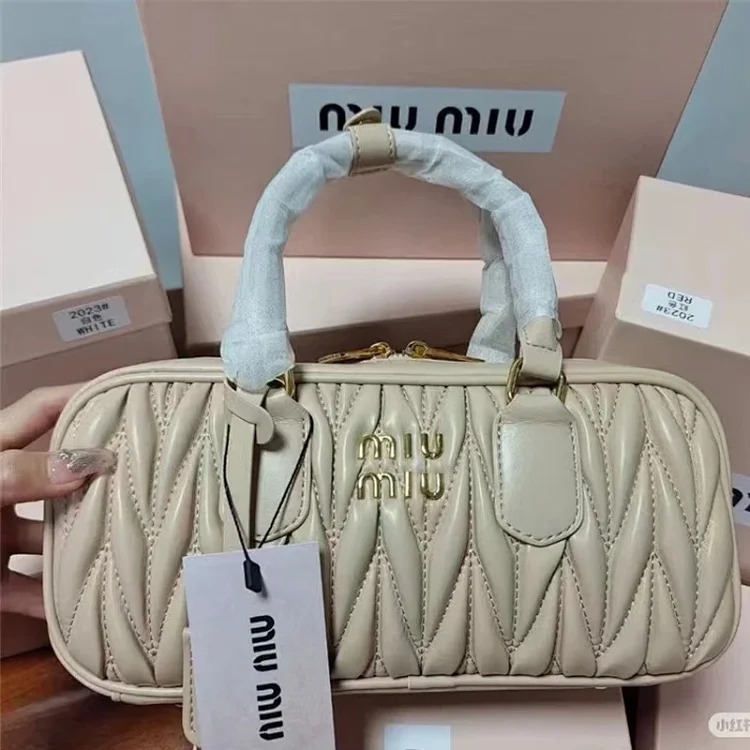 Miu new retro bowling crossbody bag pleated lambskin Boston fashion shoulder handbag women's trend