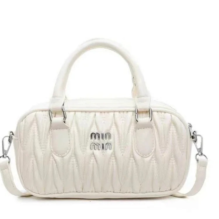 Miu new retro bowling crossbody bag pleated lambskin Boston fashion shoulder handbag women's trend