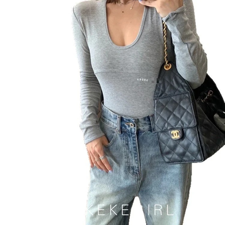 Hot girl letters deep V-neck jumpsuit women's fashion ins sexy bottoming long-sleeved high-waist jumpsuit T-shirt