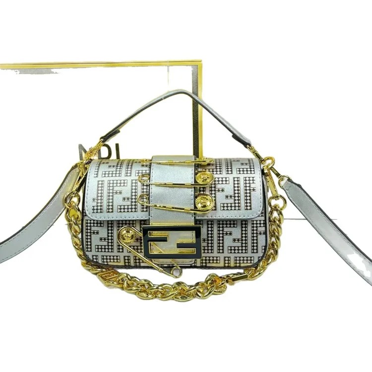 Fendi F Family Alliance's new large buckle hardware chain small square bag baguette women's female flip small bag elegant crossbody bag