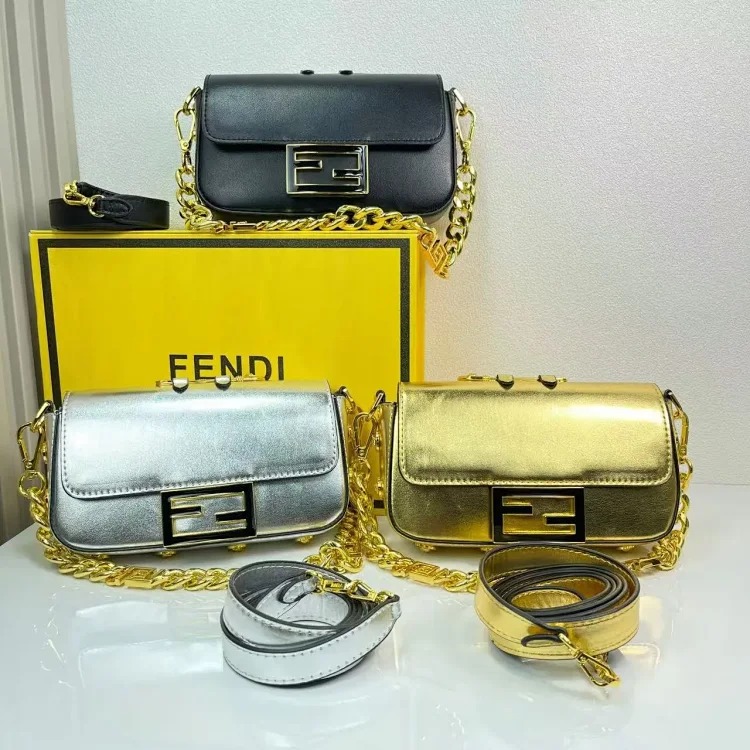 Fendi F Family Alliance's new large buckle hardware chain small square bag baguette women's female flip small bag elegant crossbody bag