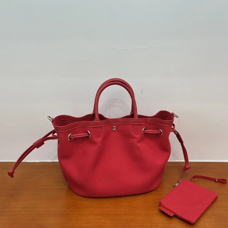 Canvas and cowhide popular vegetable basket bag tote bag niche casual drawstring canvas crossbody bag small outing bag