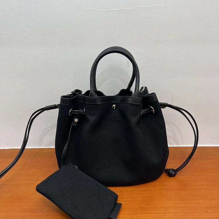 Canvas and cowhide popular vegetable basket bag tote bag niche casual drawstring canvas crossbody bag small outing bag