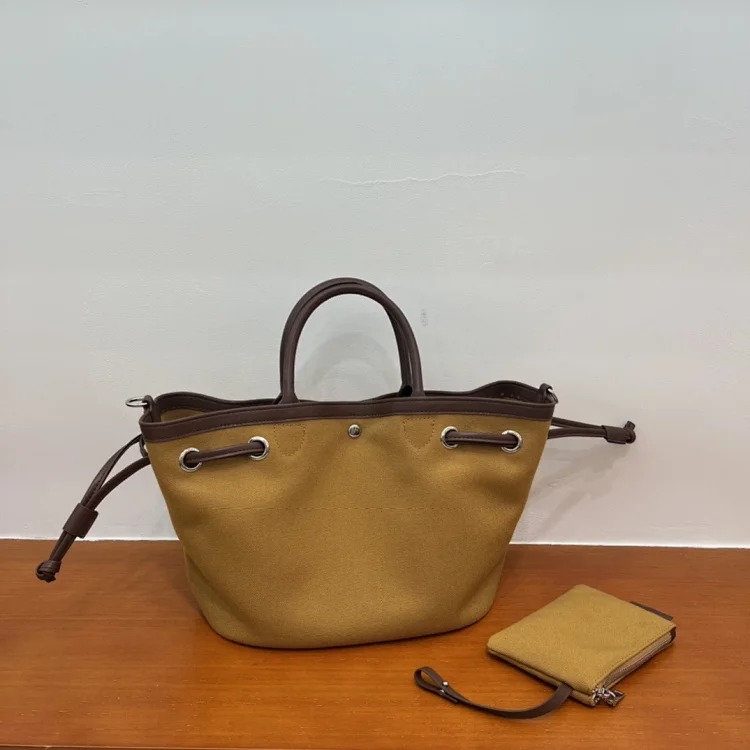 Canvas and cowhide popular vegetable basket bag tote bag niche casual drawstring canvas crossbody bag small outing bag