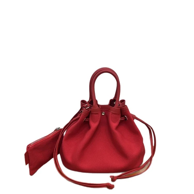 Canvas and cowhide popular vegetable basket bag tote bag niche casual drawstring canvas crossbody bag small outing bag
