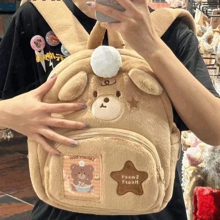 Adidas New large-capacity backpack for women Dopamine Sweetheart Baked Plush Bear Backpack Campus Student School Bag FQ