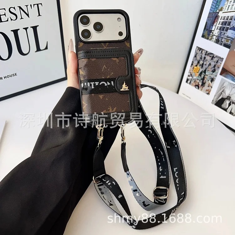 Foreign trade light luxury card holder protective cover suitable for ihone17promax card lanyard diagonally across Apple mobile phone case
