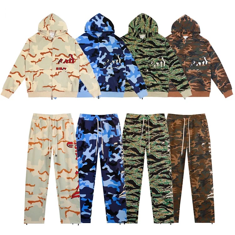 Camouflage sports suit Godspeed American trendy brand embroidered letters men's heavy loose hoodie pants