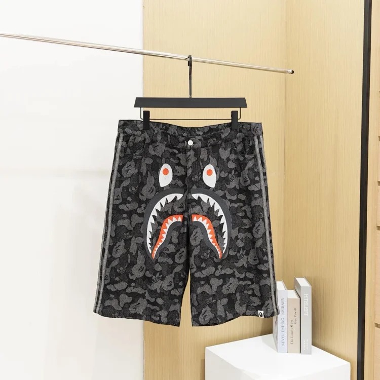 High insbape co-branded shark print denim shorts, summer loose, casual and trendy