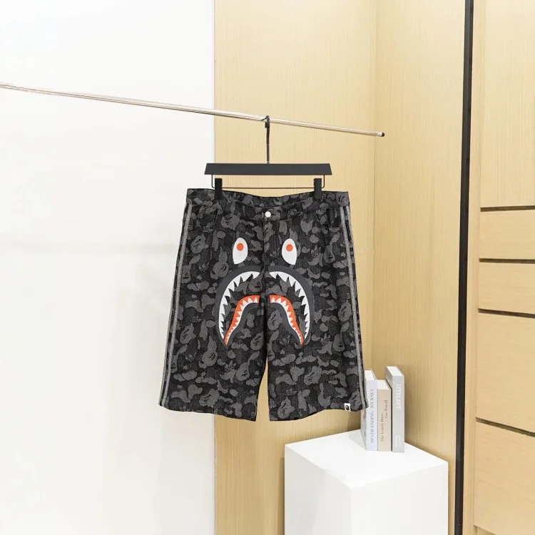High insbape co-branded shark print denim shorts, summer loose, casual and trendy