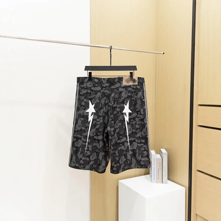 High insbape co-branded shark print denim shorts, summer loose, casual and trendy