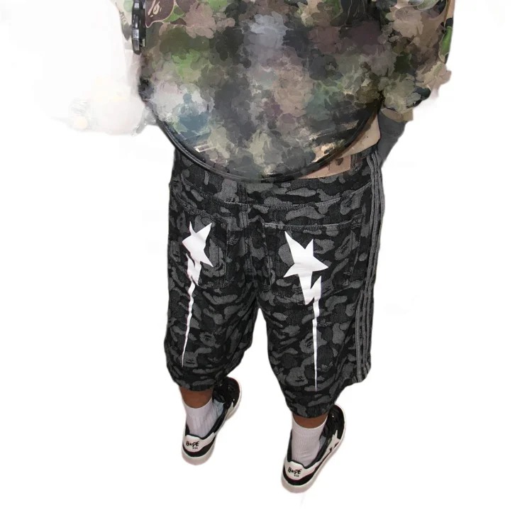 High insbape co-branded shark print denim shorts, summer loose, casual and trendy