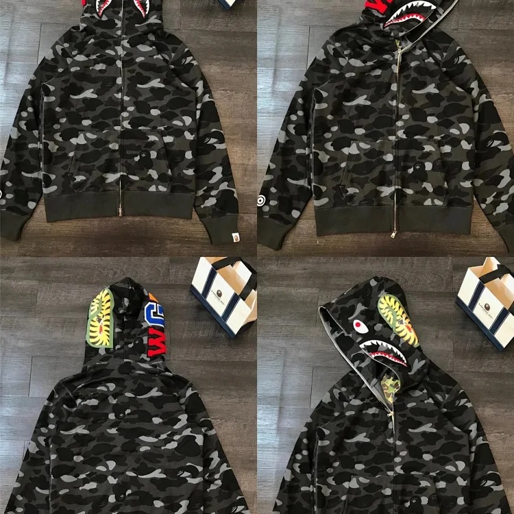 Shark camouflage zipper sweatshirt for men and women, loose cotton velvet hooded cardigan jacket for men and women image 2