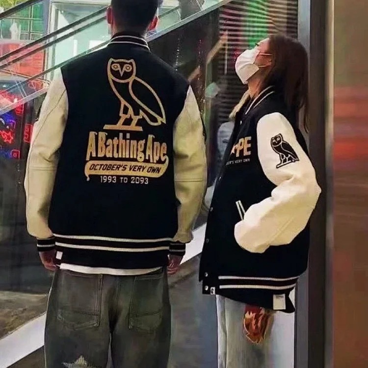 Embroidered couple black and white stitching baseball padded jacket coat cotton coat
