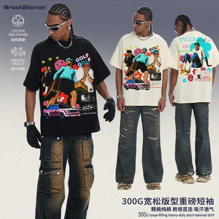 2026 new cross-border Tyler creator printed white ink direct injection spring and summer pure cotton knitted heavyweight short-sleeved men
