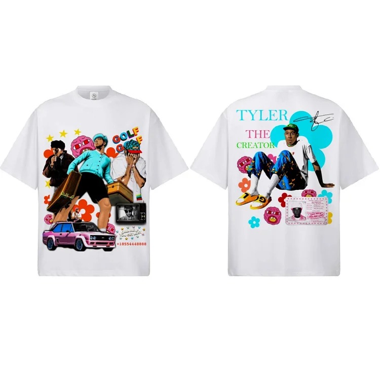 2026 new cross-border Tyler creator printed white ink direct injection spring and summer pure cotton knitted heavyweight short-sleeved men