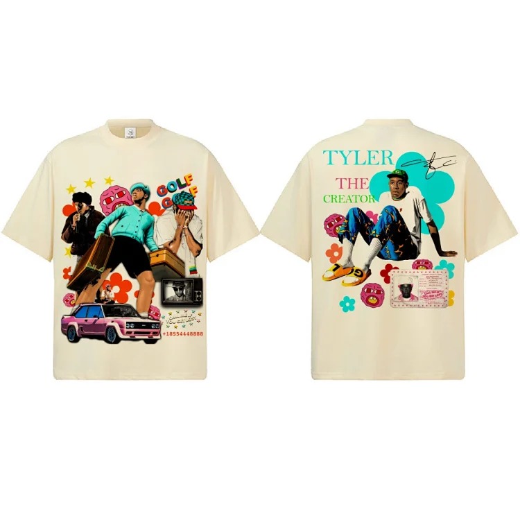 2026 new cross-border Tyler creator printed white ink direct injection spring and summer pure cotton knitted heavyweight short-sleeved men