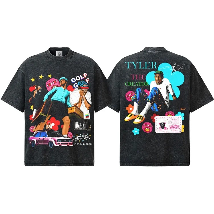 2026 new cross-border Tyler creator printed white ink direct injection spring and summer pure cotton knitted heavyweight short-sleeved men