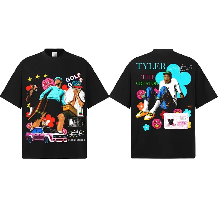 2026 new cross-border Tyler creator printed white ink direct injection spring and summer pure cotton knitted heavyweight short-sleeved men