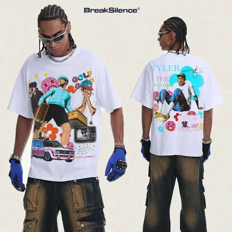 2026 new cross-border Tyler creator printed white ink direct injection spring and summer pure cotton knitted heavyweight short-sleeved men