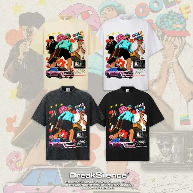 2026 new cross-border Tyler creator printed white ink direct injection spring and summer pure cotton knitted heavyweight short-sleeved men